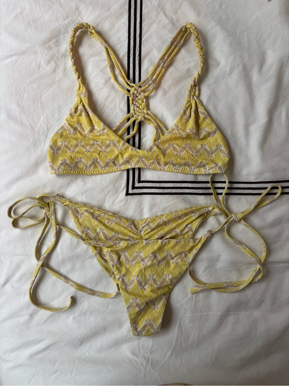 Frankie's Bikinis Yellow Patterned Tie-Side Bikini Set XS Top S Bottom